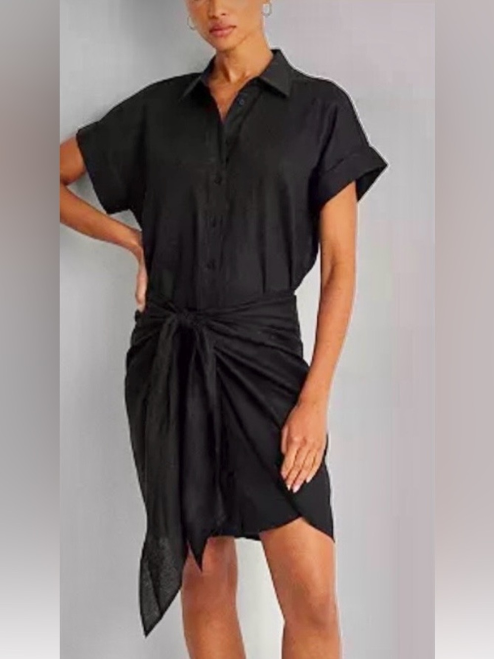 Lauren Ralph Lauren Preppy Black Tie-Front Shirt Dress with Knotted Bow